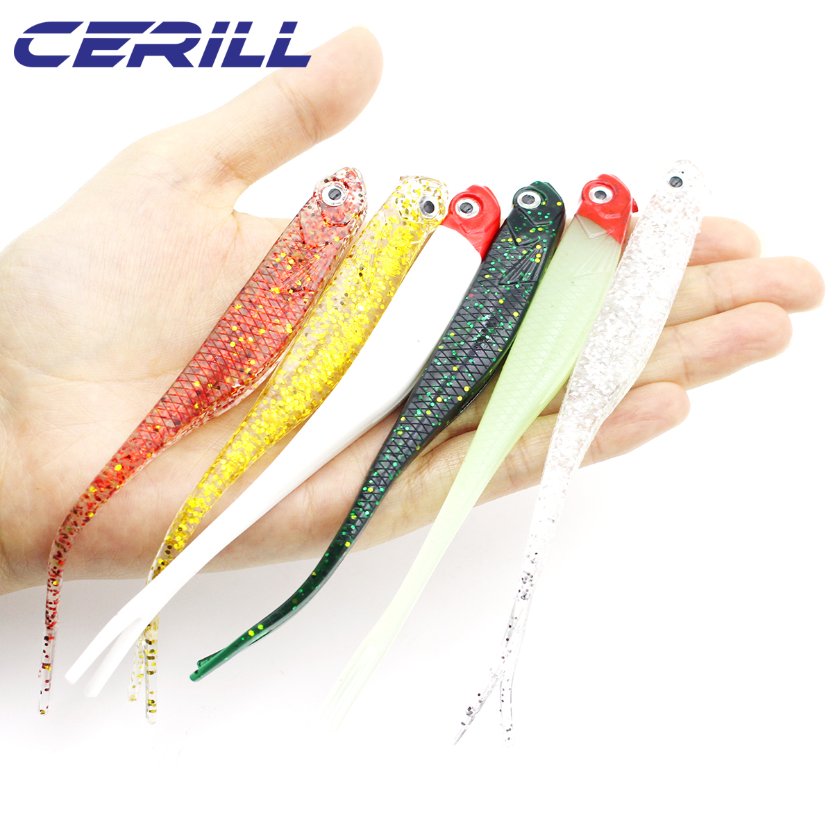 Cerill 5 PCS 13 cm Shiner 3D 눈 소프트 낚시 루어 포크 테일 인공 웜 미끼 글로우 루어 지그 워 블러 실리콘 스윔 빗 파이크
